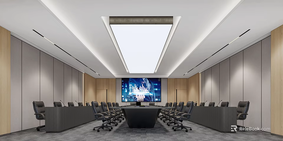 Modern Conference Room Interior Design With Long Table Large Screen And Ergonomic Chairs 3d model