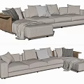 Light Gray Sectional Sofa With Multiple Cushions Wooden Armrests And Throw Blanket 3d model