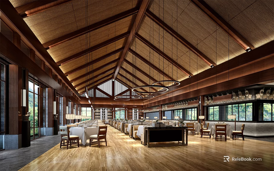 Spacious Restaurant Interior With Wooden Ceiling Hanging Lights Wooden Floor Dining Tables And Chairs 3d model 