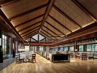 Spacious Restaurant Interior With Wooden Ceiling Hanging Lights Wooden Floor Dining Tables And Chairs 3d model