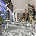 Elegant Open Restaurant With Arched Doors Pendant Lights Green Plants Geometric Floor Tiles Transparent Chairs