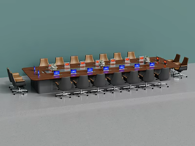 Long Wooden Conference Table With Leather Chairs And Electronic Devices In Modern Office 3d model