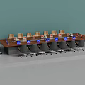 Long Wooden Conference Table With Leather Chairs And Electronic Devices In Modern Office