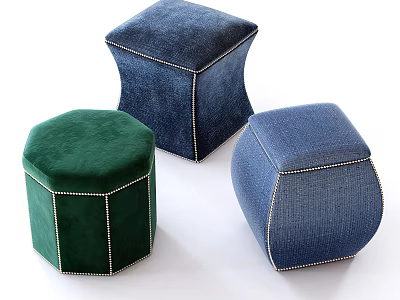 Green And Blue Sofa Stools With Octagonal Square Shapes And Stitched Edges 3d model
