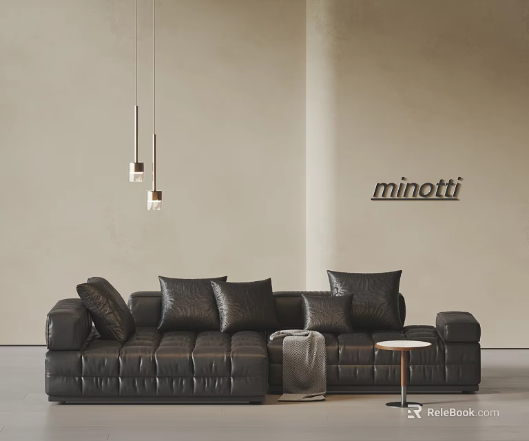 Minotti Dark Brown Leather Sectional Sofa With Small Side Table And Hanging Pendant Lights 3d model