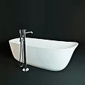 Modern Bathroom Faucet Design With White Freestanding Bathtub And Metal Finish On Dark Background