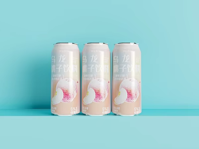 Three Cans of Oolong Peach Beverage with Light Pink Cans on Light Blue Background 3d model