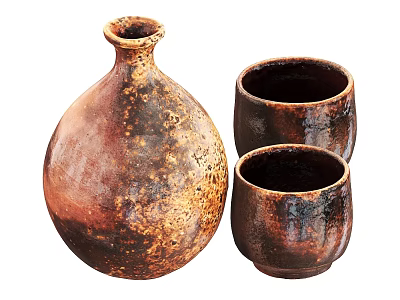 Handcrafted Brown Textured Ceramic Vessels With Large Bottle And Two Small Cups 3d model