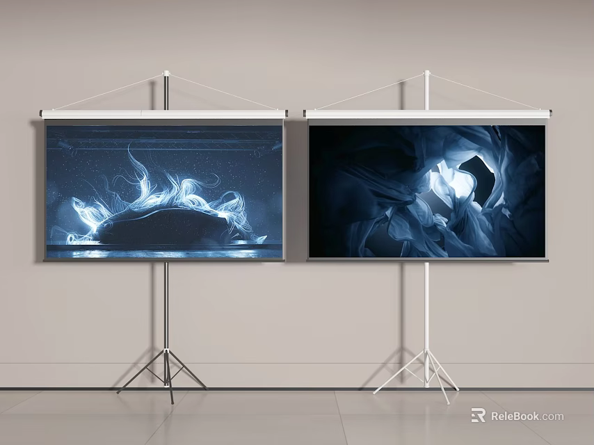 Projection Monitoring Setup With Two Screens On Stands Displaying Vivid Images Indoors 3d model 