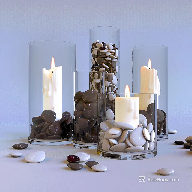 Decorative Ornament Set With Glass Vases Lit Candles And Mixed Pebbles For Home Decor 3d model 