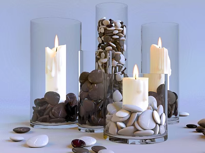 Decorative Ornament Set With Glass Vases Lit Candles And Mixed Pebbles For Home Decor 3d model