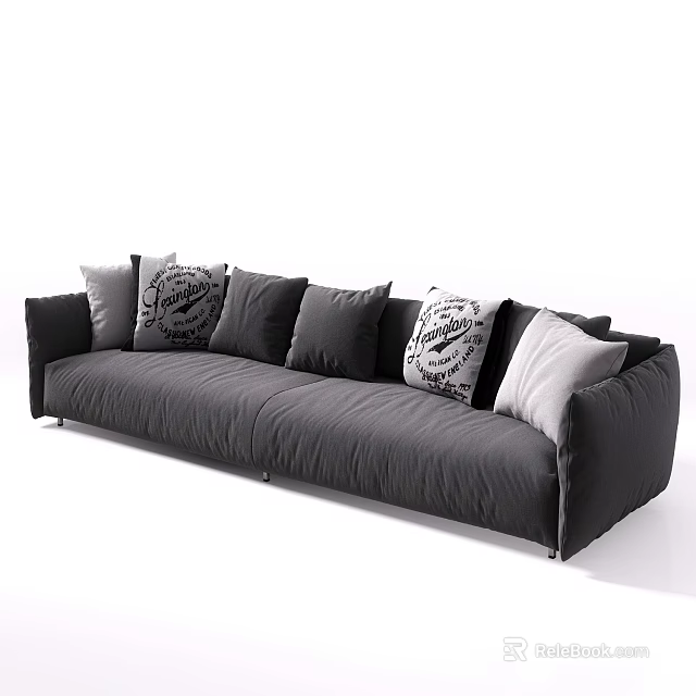 Soft Modern Gray Upholstered Double Sofa with Patterned and Solid Decorative Pillows 3d model 