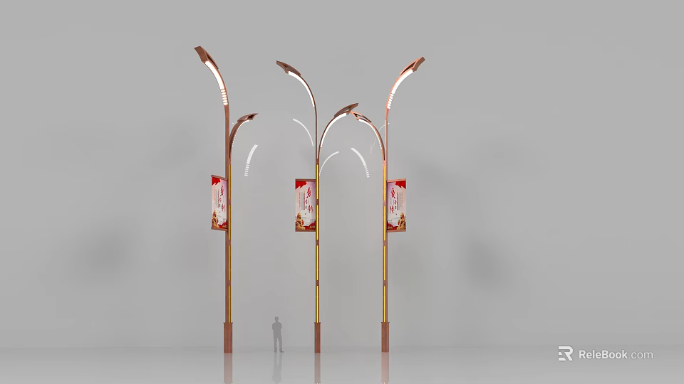 Outdoor Lights With Brown And Gold Poles And Red Banners For Street Decoration 3d model 