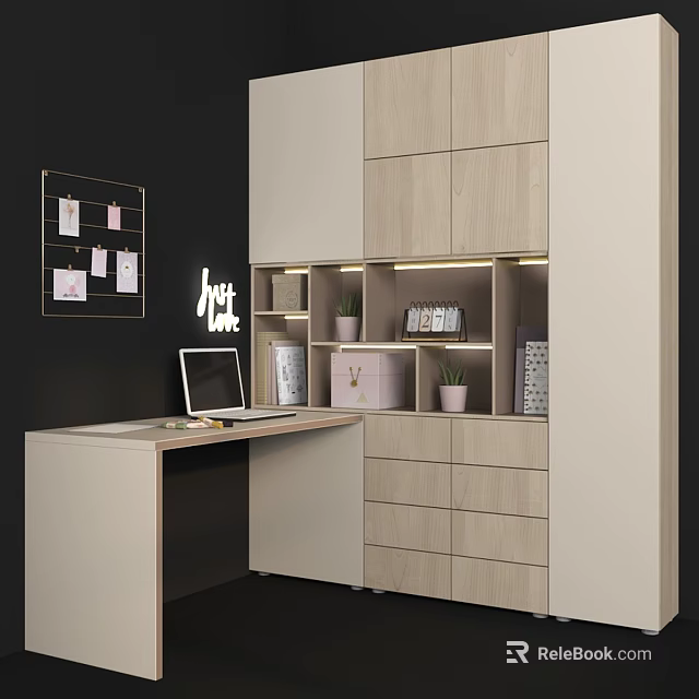 Modern Bookcase Interior Setup With Desk Laptop Open Shelves And Decor Plants 3d model