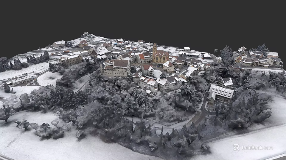 Aerial View Of Snowy European Architecture Village With Church Trees And Roads 3d model 