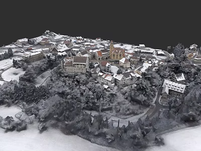 Aerial View Of Snowy European Architecture Village With Church Trees And Roads 3d model
