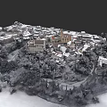 Aerial View Of Snowy European Architecture Village With Church Trees And Roads
