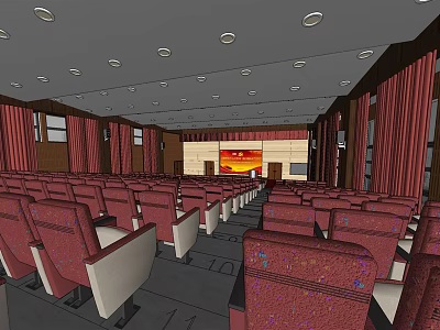 Modern Conference Room With Red Seats Rows Ceiling Lights Front Display And Curtains 3d model