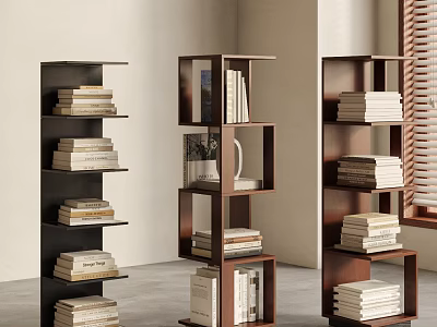 Modern Open Bookshelves with Stacked Books and Decorative Vase in Black Brown 3d model