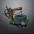 Fantasy Well Scene With Mechanical Wheel Stone Base And Grass Decorations