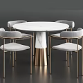 Round White Marble Dining Table Set With Gray Chairs And Gold Legs 3d model