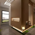Chinese Style Tea Room Interior With Qingshan Calligraphy Wooden Tables And Green Plants