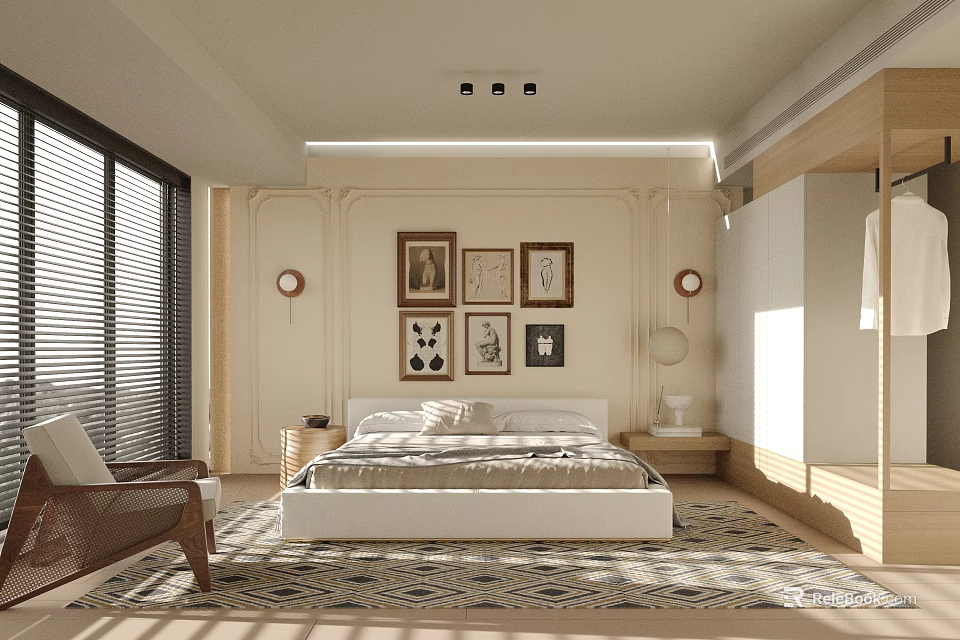 Modern Bedroom Interior With White Bed Framed Artworks Beige Walls Window Blinds And Area Rug 3d model 