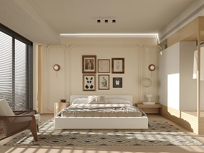 Modern Bedroom Interior With White Bed Framed Artworks Beige Walls Window Blinds And Area Rug 3d model