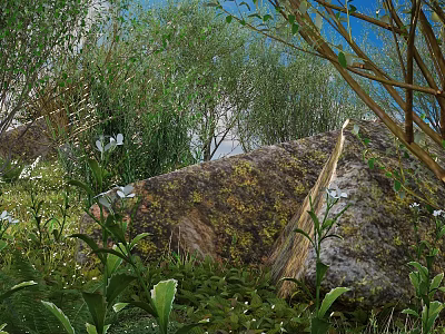 Tall Trees Surrounded By Mossy Rocks Green Plants And White Flowers Under Blue Sky 3d model