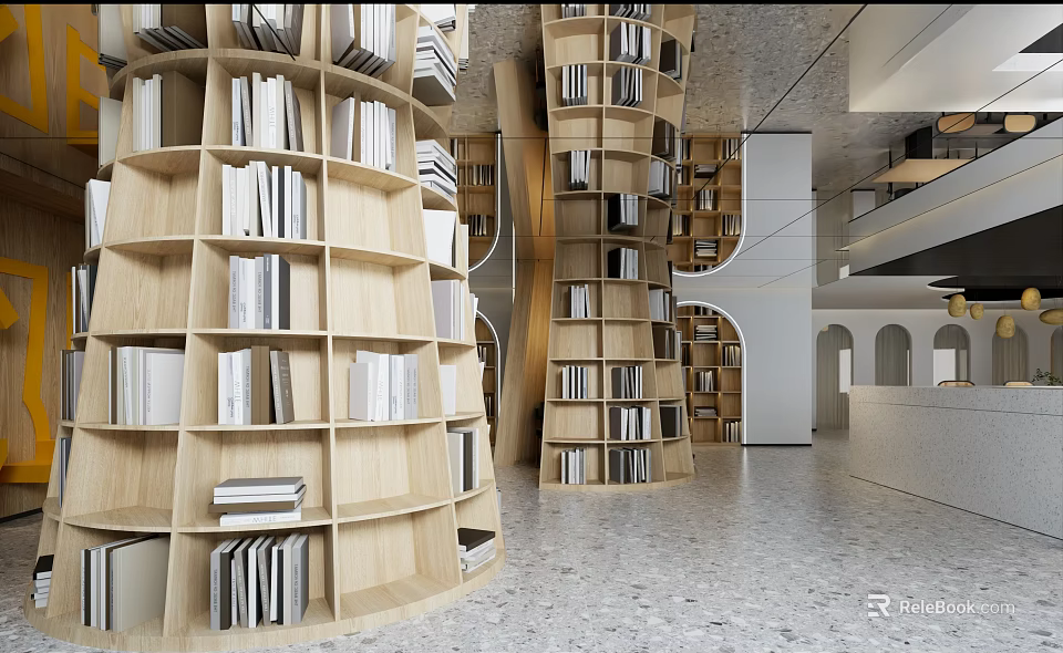 Book Art Display In Modern Space With Wooden Bookshelves 3d model 