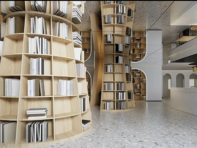 Book Art Display In Modern Space With Wooden Bookshelves 3d model