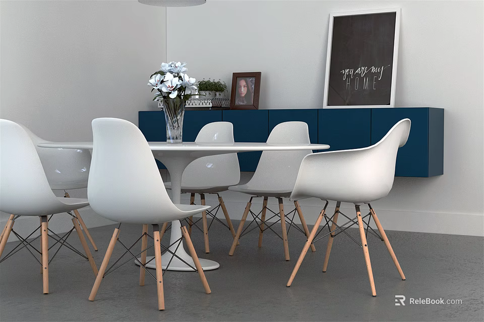 Modern White Round Dining Table With White Chairs Wooden Legs And Blue Cabinet Decorations 3d model 