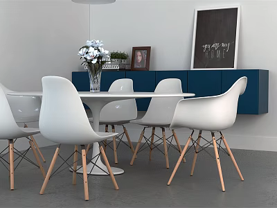 Modern White Round Dining Table With White Chairs Wooden Legs And Blue Cabinet Decorations 3d model