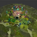 Cartoon Scene with Red White Fish Lily Pads and Blue Aquatic Plants in Transparent Hemisphere