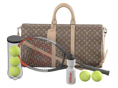 Essential Sports Equipment Set With Tennis Racket Balls Water Bottle And Sports Bag 3d model