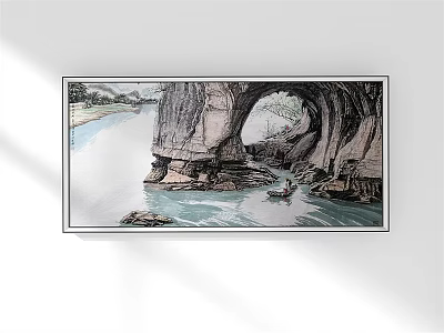 Landscape Painting of River with Rock Cave and Small Boat on Water 3d model