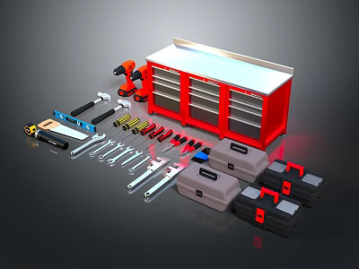 Professional Hardware Tools Set with Red Tool Cabinet Tool Boxes Drill Wrenches and Screwdrivers 3d model
