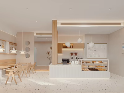 Cozy Minimalist Dessert Shop Interior With Display Case And Wooden Furniture 3d model