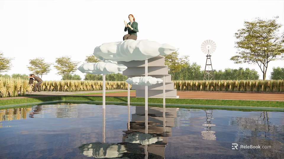 Person Sitting On Cloud Shaped Platform With Windmill Pond Reflection Green Fields And Trees 3d model