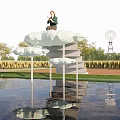 Person Sitting On Cloud Shaped Platform With Windmill Pond Reflection Green Fields And Trees 3d model