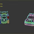 Two Black And Purple Racing Cars With Body Graphics And Rear Spoilers
