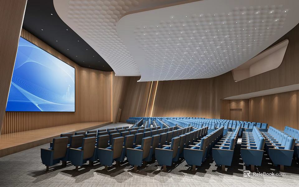 Modern Conference Room with Blue Seats Large Screen Wooden Walls and Ceiling Design 3d model 