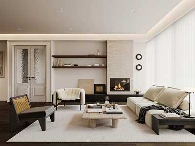 Modern Living Room Interior With Sofa Coffee Table Fireplace Chairs And Area Rug 3d model