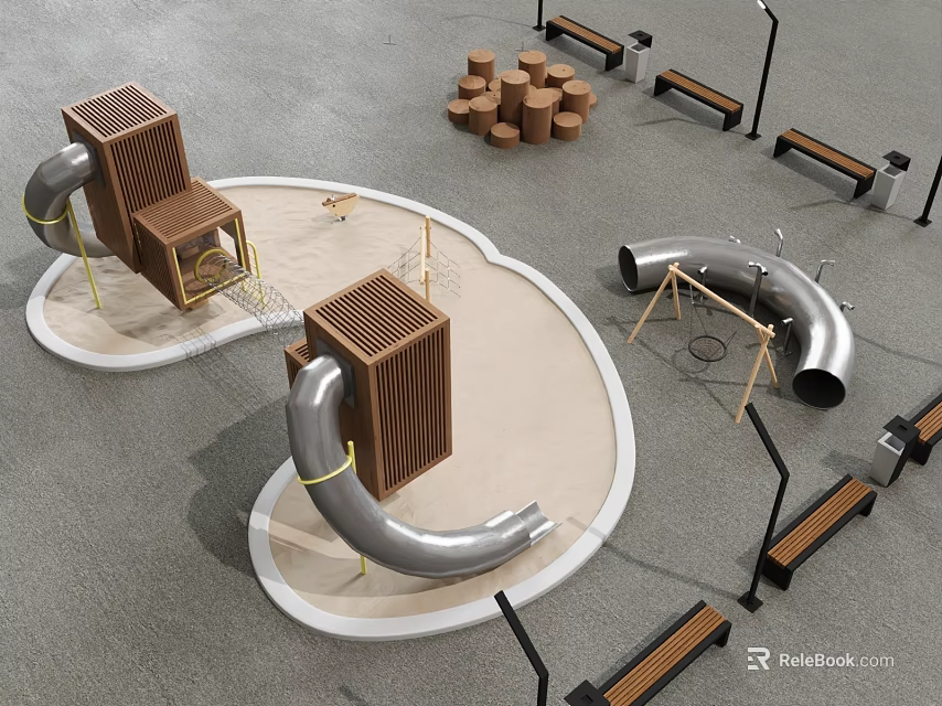 Playground Design Featuring Wooden Structures Sandpit Metal Pipe Slides And Benches 3d model 