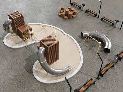 Playground Design Featuring Wooden Structures Sandpit Metal Pipe Slides And Benches 3d model