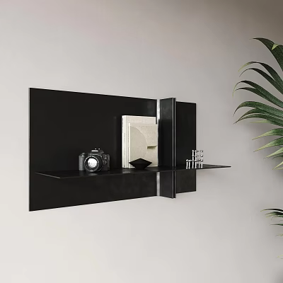 Modern Black Floating Wall Shelf With Glass Shelf Camera Books And Decorative Items 3d model