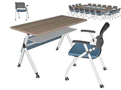 Wooden Conference Table With Metal Frame And Blue Wheeled Chairs For Meeting Room 3d model