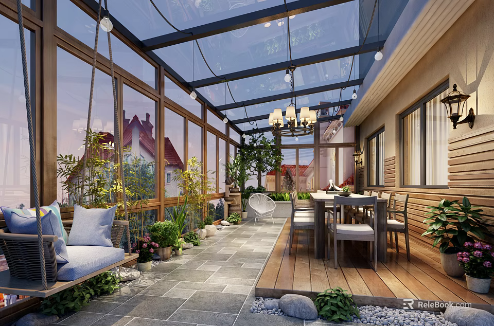 Stylish Villa Balcony With Glass Roof Wooden Flooring Dining Table Chairs Plants And Chandelier 3d model 