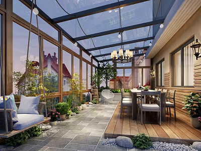 Stylish Villa Balcony With Glass Roof Wooden Flooring Dining Table Chairs Plants And Chandelier 3d model