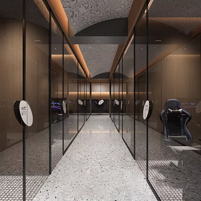 Modern Internet Cafe Interior Design With Glass Partitions Wooden Walls And Gaming Chairs 3d model